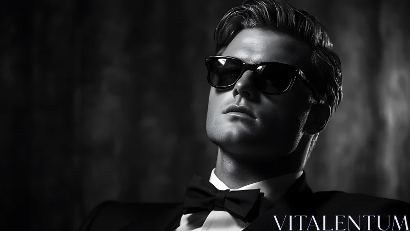 Confident man in tuxedo exudes cinematic noir sophistication