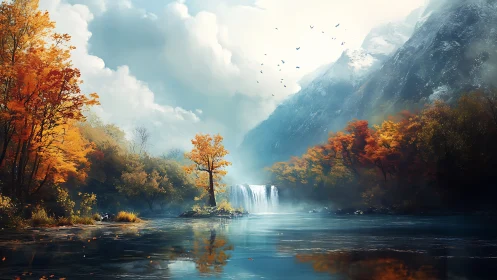 Digital painting of misty autumn waterfall valley panorama.
