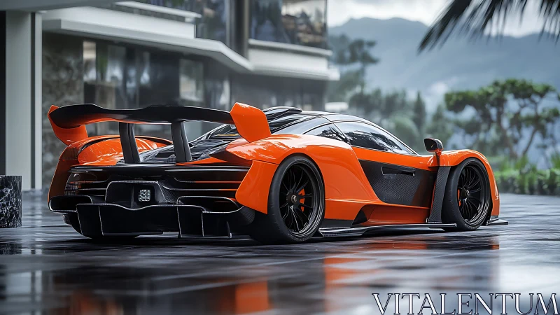 Orange hypercar showcases aggressive rear aero by villa terrace