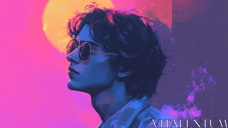 Neon-lit dreamer drifts beneath a synthetic cosmic sunscape.