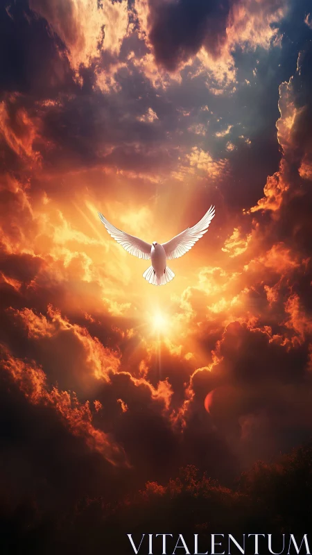 White dove in flight within dramatic sunset cloudscape.