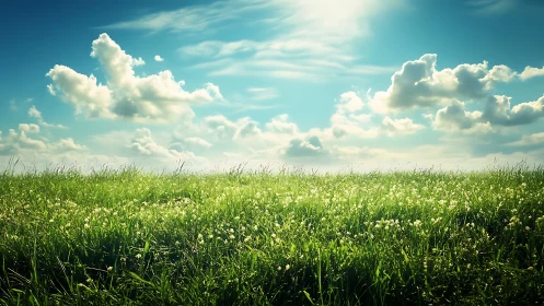 Sunlit wildflower meadow under a bright, endless sky.