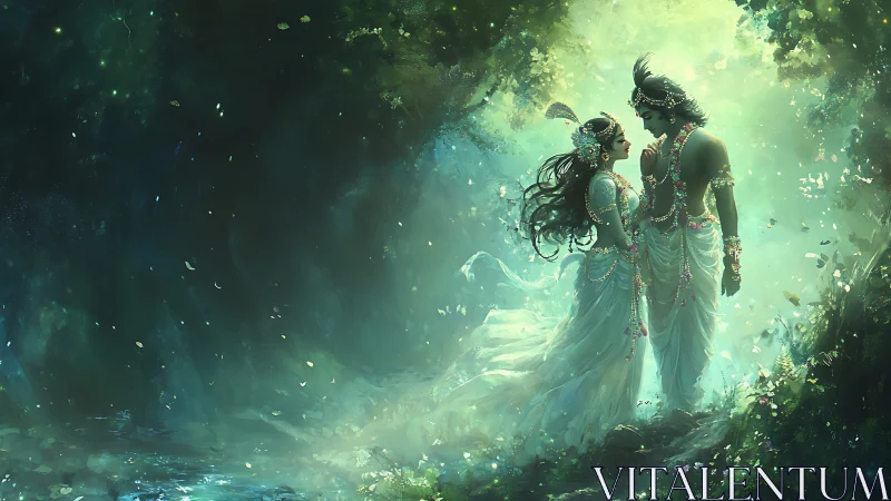 Divine couple in glowing forest clearing, soft teal light.
