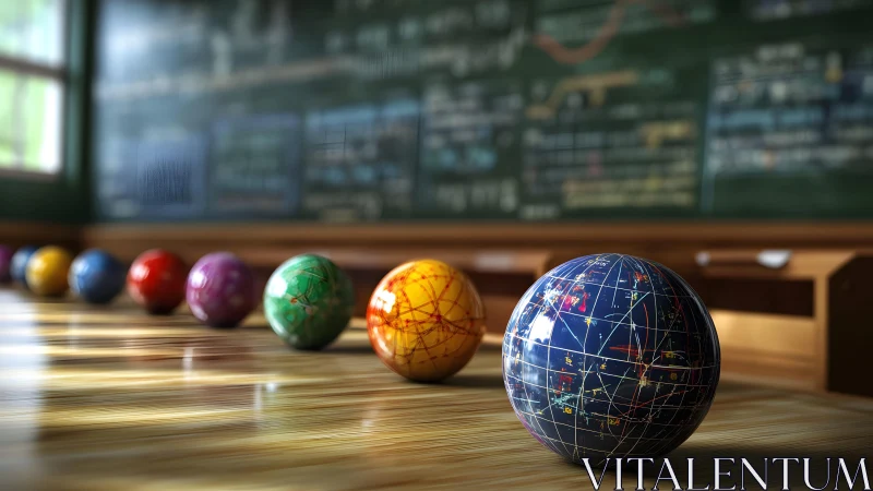 Colorful physics globes line reflective classroom desk.