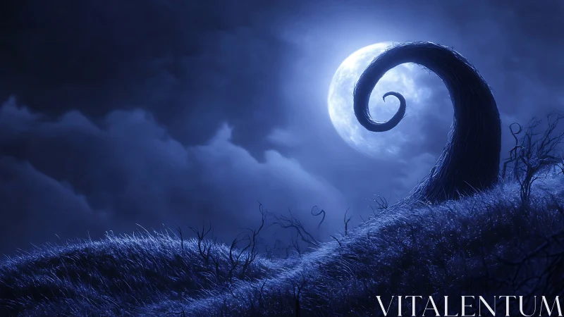 Curled hillside silhouette against full moon night sky.