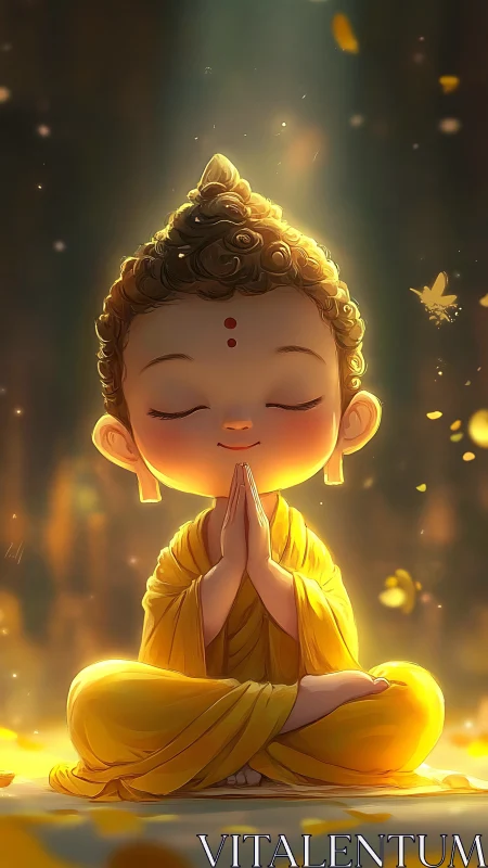 Cartoon child monk in yellow robes seated in meditation posture.