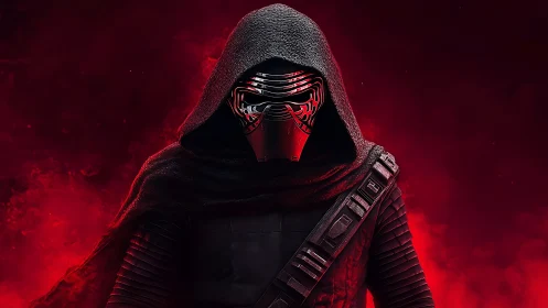 Crimson nebula swallows a masked warrior in burning silence