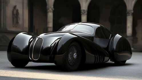 Sculpted black retro-futuristic car curves through quiet arches