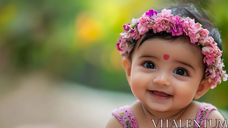 Smiling infant girl with pink flower crown in garden.