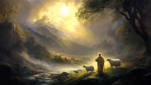 Shepherd guides sheep through glowing mountain valley light