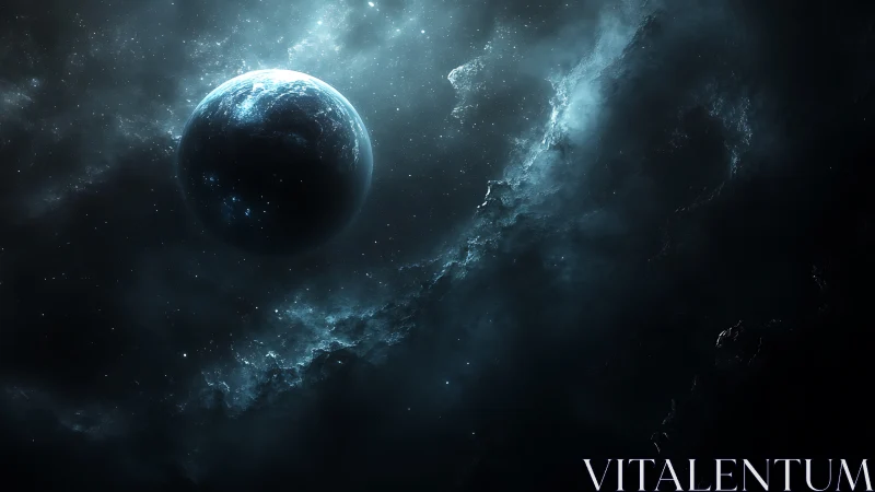 Dark blue planet over glowing nebula in deep space.