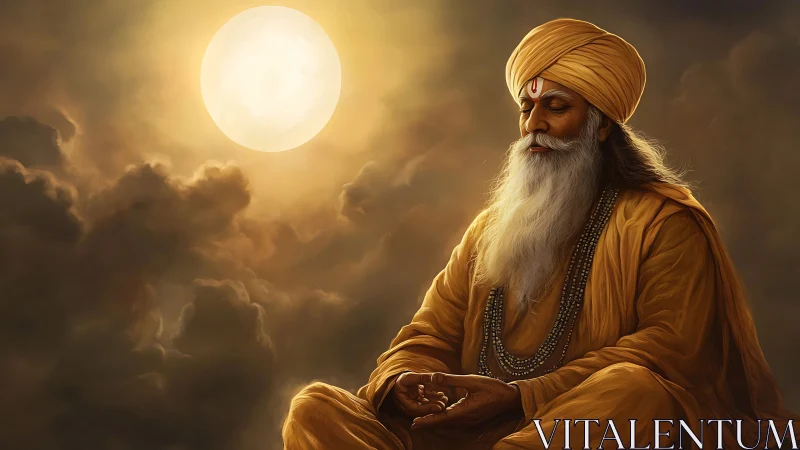 Mystic sage in moonlit meditation amid swirling clouds.