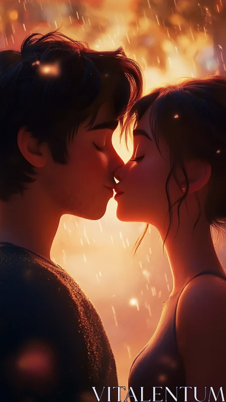 Luminous Kiss Beneath Fiery Rain.