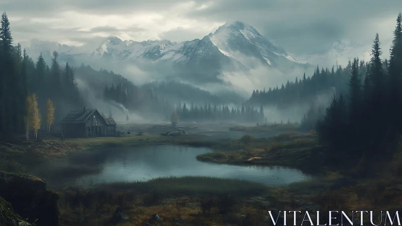 Fog-laden alpine lake with timber cabin and conifer forest