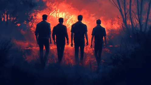 Four friends stride toward a glowing forest blaze together.