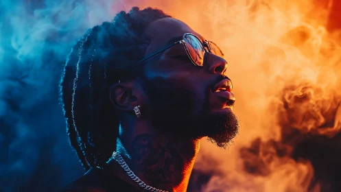 Dramatic neon portrait in blue and orange smoke glow.