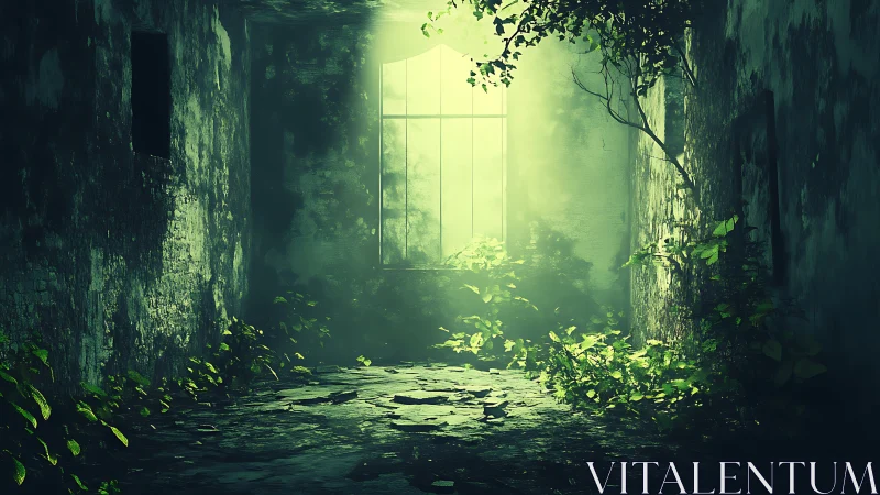 Soft green light pours into an abandoned overgrown hall