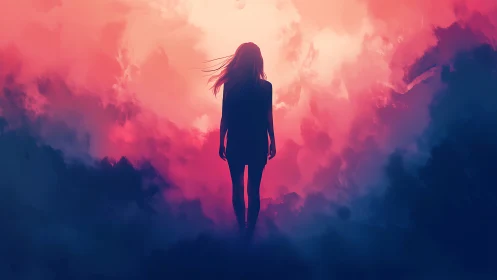Silhouetted wanderer amid luminous magenta cloudscape.