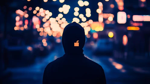 Cyberpunk hooded figure in neon bokeh cityscape silhouette.