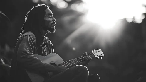 Guitarist in soft sunset glow plays with peaceful emotion.