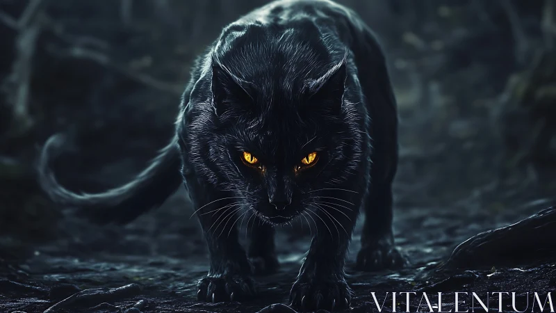 Black cat with glowing amber eyes stalking through dark forest.