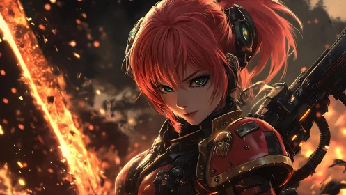 Cyberpunk warrior stands defiant amid burning embers of war