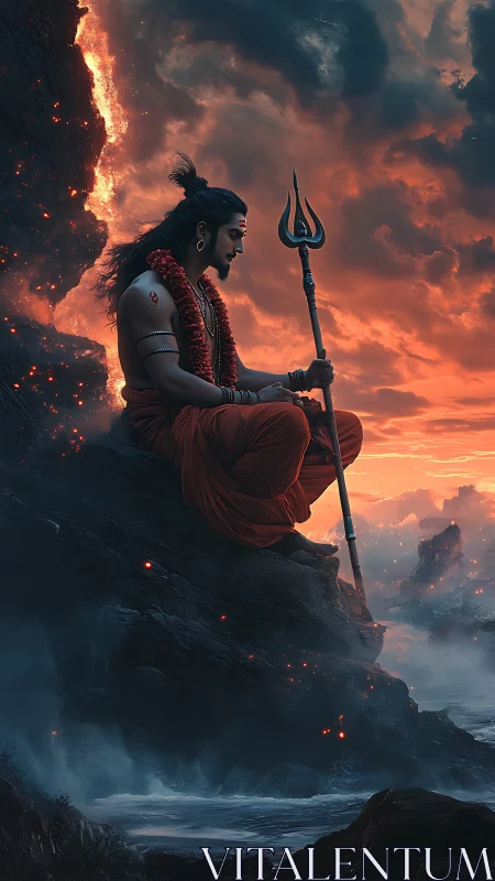 Volcanic shoreline ascetic with trident under turbulent dusk sky.