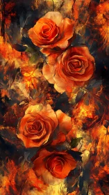 Fiery orange roses ignite abstract molten backdrop.