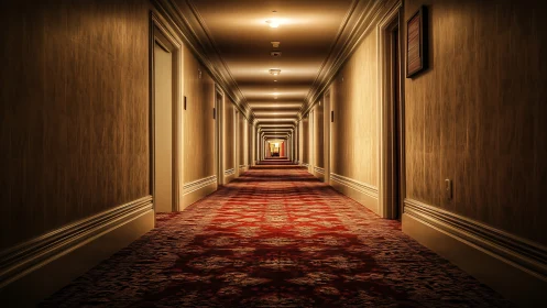 Cinematic hotel corridor in warm symmetrical perspective.