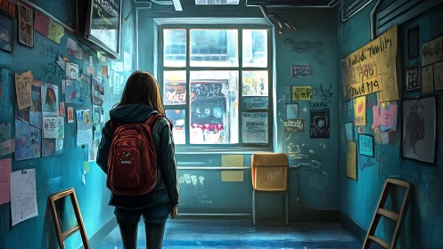 Solitary student in teal hallway facing bright city window.