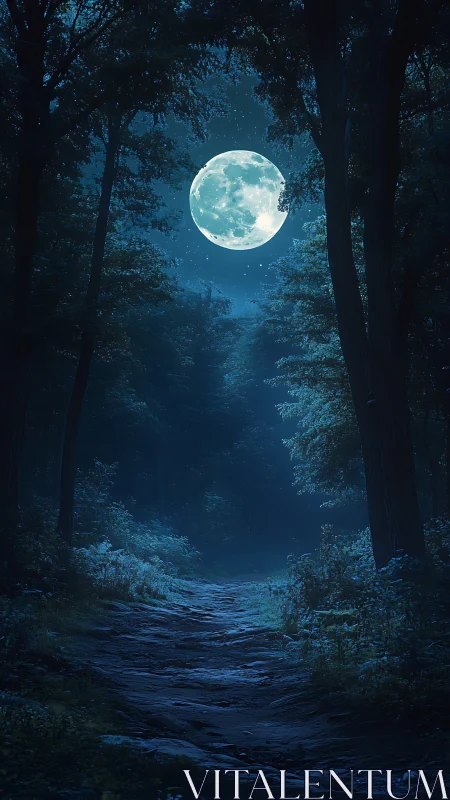 Full moon illuminates dark forest path through towering trees