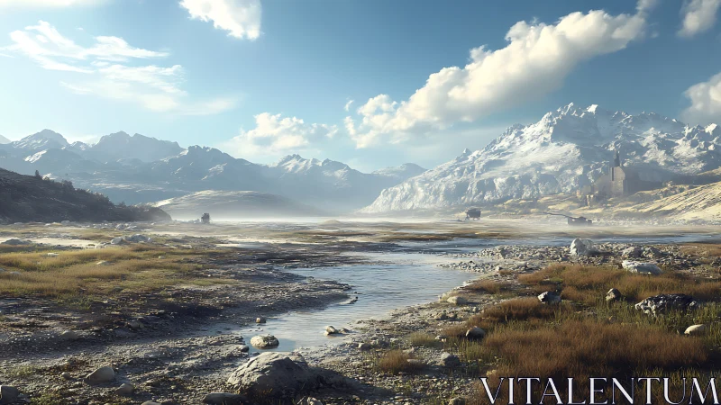 Snow-covered mountain range above shallow river plain.