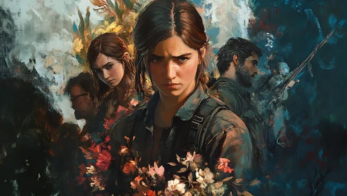 Layered character portrait uses painterly depth, color blocking, and florals