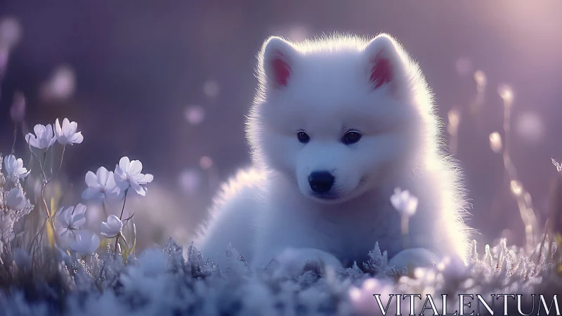 Fluffy white puppy rests in dreamy lavender flower meadow