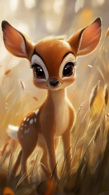 Cute cartoon fawn standing in warm golden meadow light.
