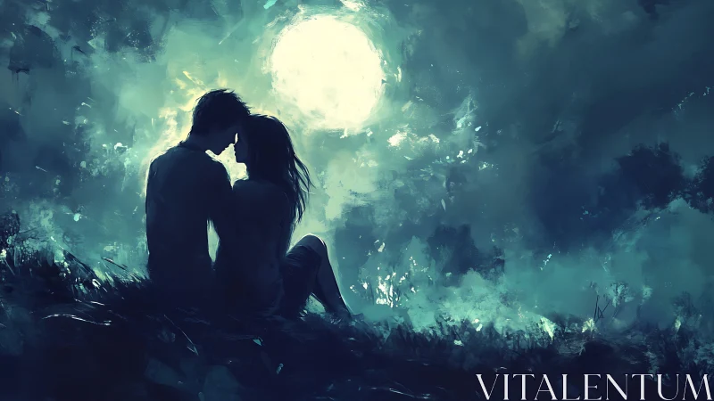 Silhouetted figures beneath lunar disk in atmospheric scene.