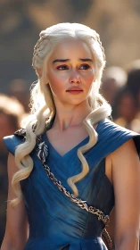 Blonde fantasy woman in blue armor style dress outdoors.