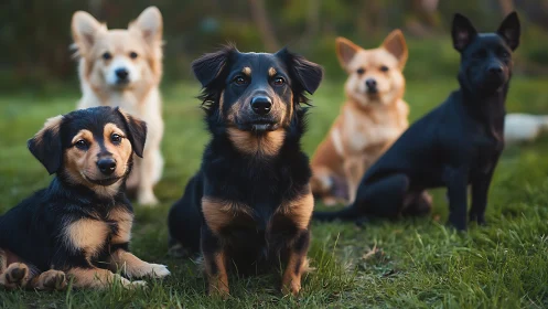 Five mixed-breed dogs sit and lie on grass facing camera