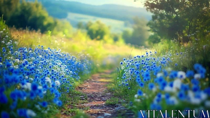 Wildflower path lined with blue blossoms at sunrise.