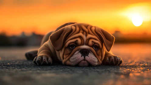 Low-angle bulldog puppy portrait under high-saturation sunset sky