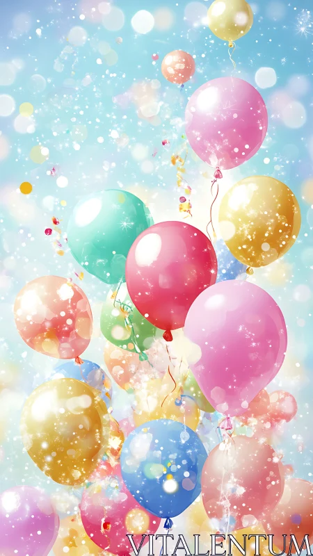 Colorful Balloons Rising Through Glowing Confetti Sky.