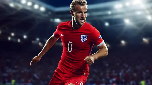 Dynamic forward in red kit under stadium floodlighting detail.