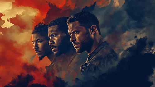 Digital portrait trio against fiery smoke-filled sky.