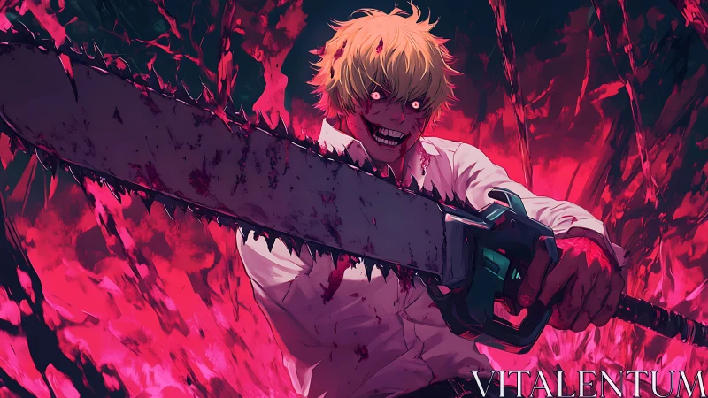 Blond anime figure holding bloodstained chainsaw weapon.