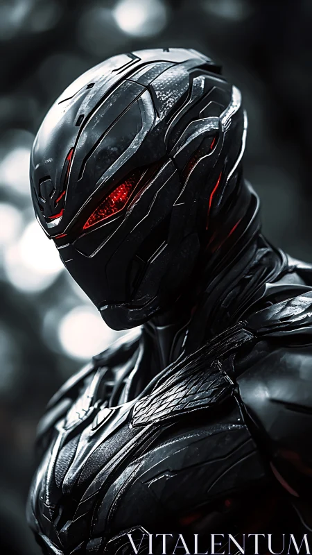 Chrome sentry pauses mid-hunt under soft city bokeh glow