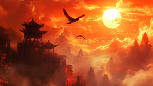 Fiery temple peaks under blazing fantasy sunset sky.