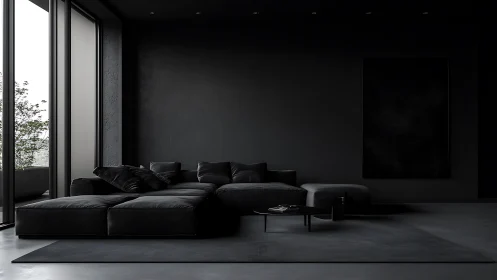 Monochrome living room with sectional sofa and glazing.