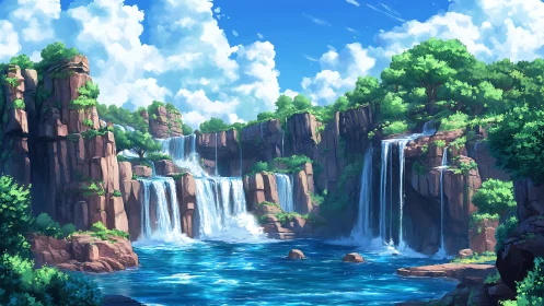 Layered waterfalls cascade over cliffs into clear blue basin