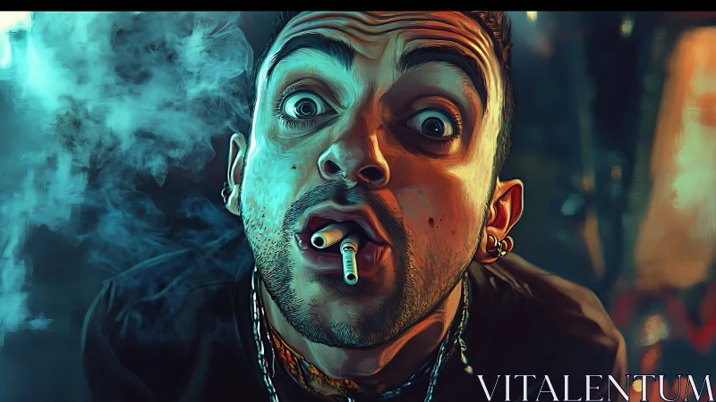 Wide eyed smoker leans in with bold, mischievous energy.