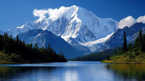 Snow-crowned mountain calm over a mirror-bright lake.